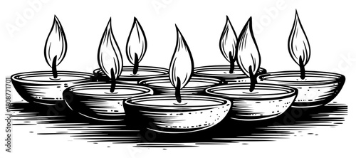 Row of traditional oil lamps with flames hand drawn diwali candle vector illustration