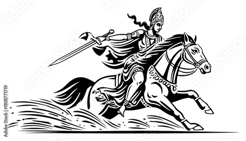 Galloping Warrior On Horse With Sword Heroic Battle Sketch Vector