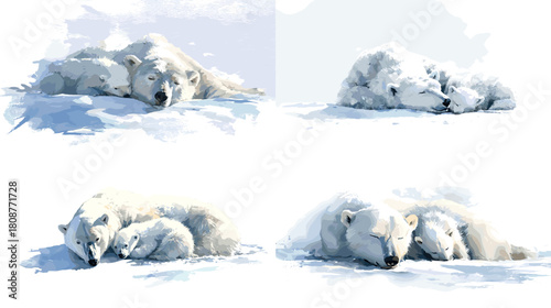 Beautiful watercolor illustrations of polar bear mothers and cubs resting on snowy landscapes. Soft winter themed artwork perfect for nature prints children designs and wildlife projects.