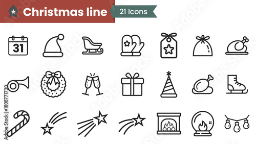 Christmas line icon collection. Thin outline icons pack. Calendar, Santa Hat, Sleigh, Mittens, Gift Tag, Gift Sack, Roasted Turkey, Musical Horn, Christmas Wreath and more - stock vector.