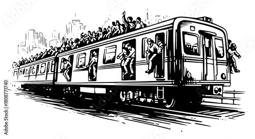 Overcrowded Commuter Train With Passengers On Roof Urban Transport Sketch Vector