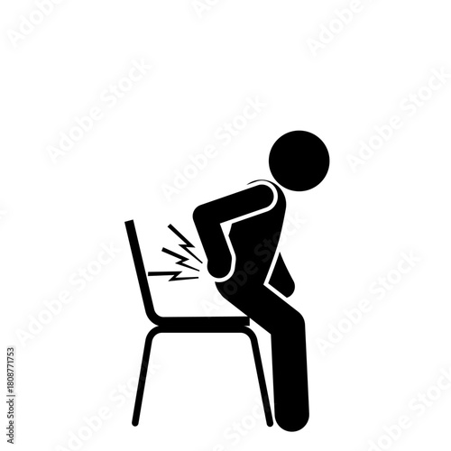 Stick figure showing painful hemorrhoid discomfort and sitting difficulty.