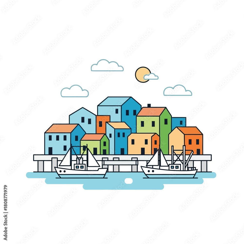 Obraz premium Colorful illustration of a coastal town with boats sailing on the water.