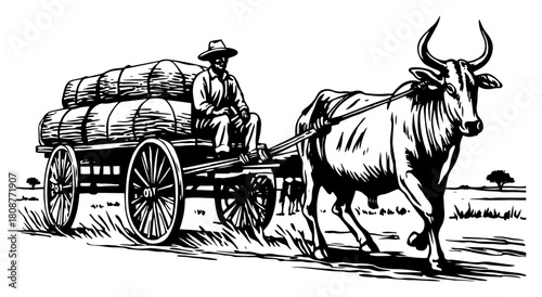Rural farmer driving bullock cart loaded with harvest sacks traditional village transport vector sketch illustration