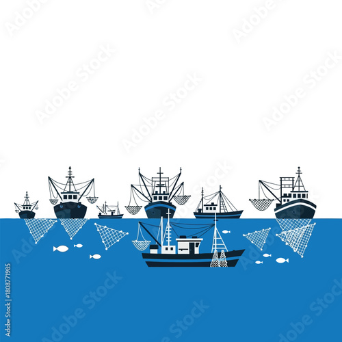 Stylized illustration of fishing boats with nets on blue water.