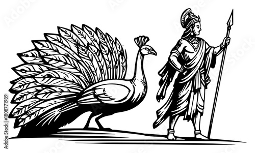 Hindu god Kartikeya holding spear standing next to peacock divine warrior deity vector sketch illustration