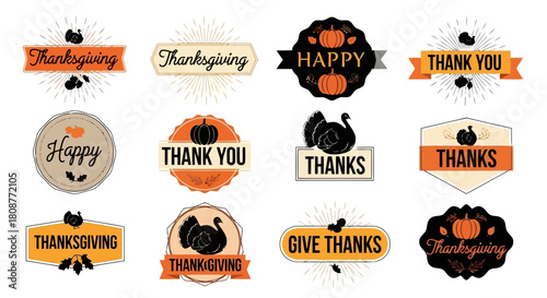 Set of nine thanksgiving and gratitude themed labels with autumn colors and various designs