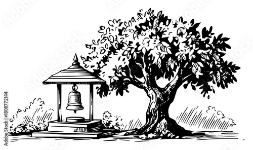 Hand drawn sketch of a traditional temple bell shrine next to a large tree in black ink engraving style