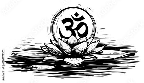 Sacred om symbol resting on blooming lotus flower floating on water spiritual hindu vector sketch illustration