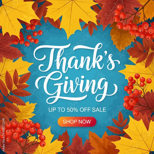 Thanksgiving sale banner with autumn leaves and text for up to 50 off sale