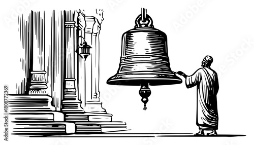 Devotee ringing large hanging bell inside hindu temple traditional religious ritual vector sketch illustration