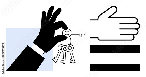 Two hands with a key transfer one giving, one receiving. Represents trust, responsibility, cooperation. Ideal for handoff, ownership, security partnership transaction teamwork concepts. Simple