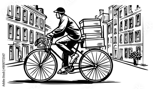 Urban delivery courier riding bicycle with stacked boxes on city street vector illustration sketch