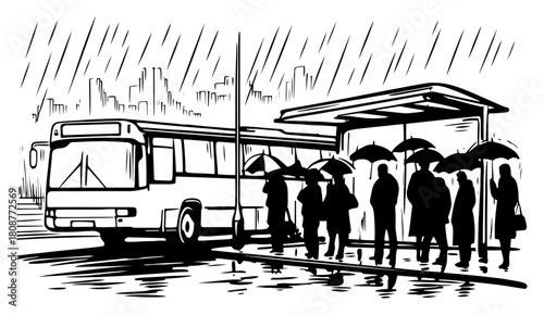 Commuters with umbrellas waiting at bus stop shelter during rain storm with approaching bus vector sketch