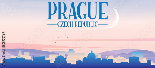 Panoramic poster of the city skyline with misty background buildings, hills sunrise, sunset and clouds of PRAGUE, CZECH REPUBLIC