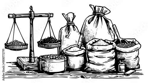 Market Scale With Sacks Of Grain And Spices Vintage Sketch Vector Illustration