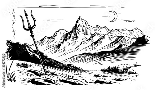 sacred trident on rocky mountain landscape under moon hand drawn sketch vector illustration