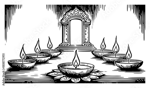 rows of burning oil lamps in front of temple entrance hand drawn sketch vector illustration
