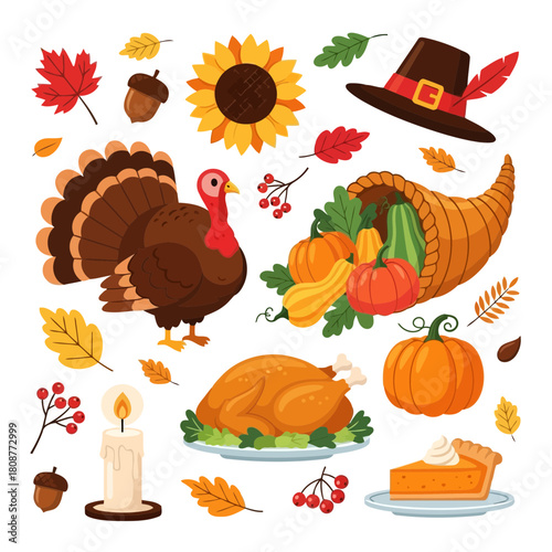Thanksgiving illustration with turkey, pumpkin, corn, and autumn leaves on