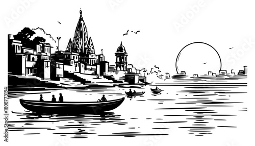 Hand drawn panorama sketch of Varanasi ghats along Ganges river with boats and ancient temples at sunrise