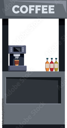 Street coffee stall making fresh coffee with a coffee machine and syrups