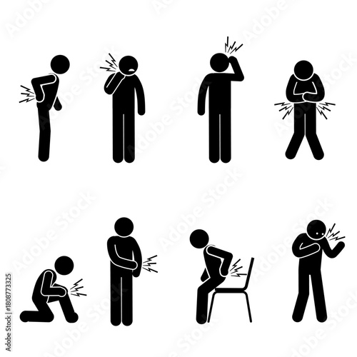 Set of stick figures showing various painful body conditions.