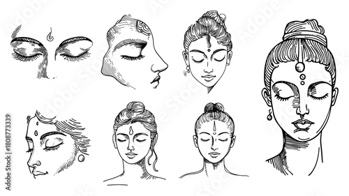 Traditional Indian woman face portrait collection with ethnic jewelry and hairstyles showing serene expressions vector sketch illustration