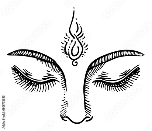Spiritual face with closed eyes and ornamental third eye symbol representing meditation and enlightenment hand drawn vector illustration