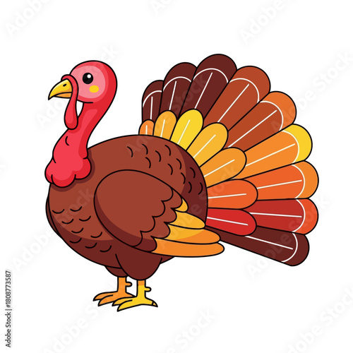 Colorful cartoon turkey with vibrant feathers standing on one leg isolated on