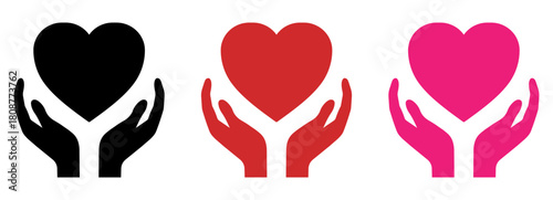 A clean heart in hands symbol set showing support, care, and protection. Includes black, red, and pink heart variations, ideal for charity, donation, heart, hands, care, support, vector, icons.