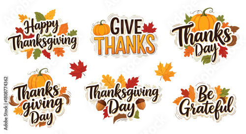 Happy thanksgiving day with autumn leaves and festive messages in colorful typography