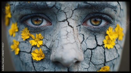 A striking portrait of a face adorned with yellow flowers, set against a textured, cracked surface, evoking themes of nature and transformation.
