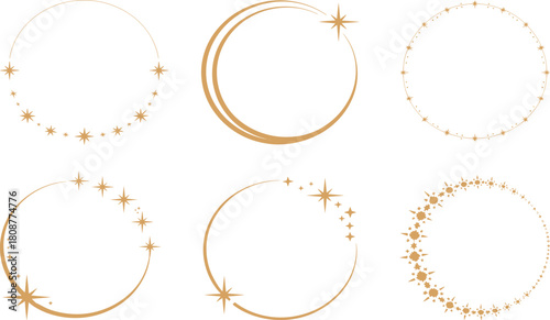 Celestial decorative frames, star-themed circular borders, golden cosmic design, abstract astronomy elements, elegant space-inspired graphic ornaments