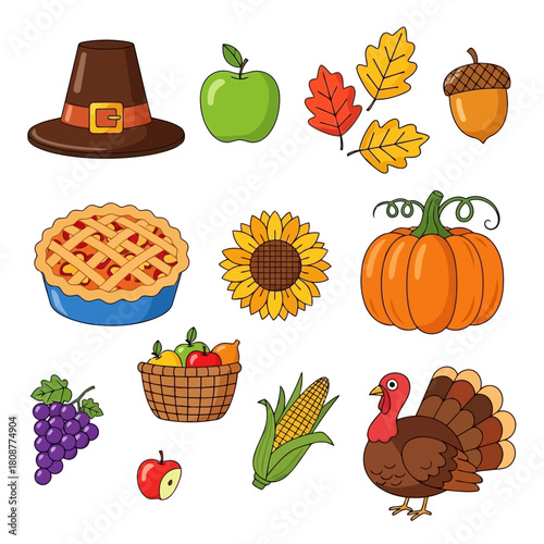 Illustration of thanksgivingthemed objects including a turkey, pumpkin, corn, apple, pie, and autumn leaves