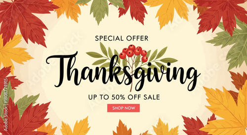Thanksgiving special offer with autumn leaves and up to 50% off sale promotion banner