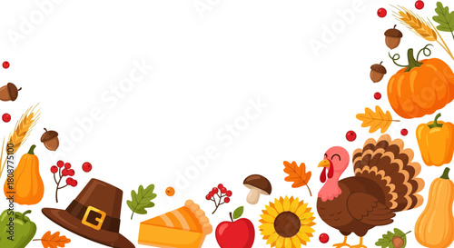 Thanksgivingthemed illustration featuring turkey, pumpkins, corn, and autumn leaves isolated on