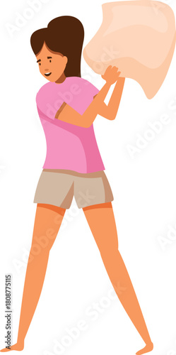 Young woman swinging a soft pillow, ready for a playful pillow fight, enjoying a moment of carefree fun