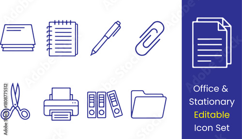 Office and stationery line icons, notebook, pen, binder, clip, printer, folder, paper, outline style, white background vector.