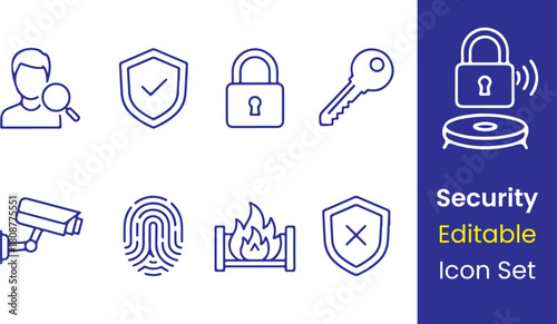 Security line icons, shield, lock, key, fingerprint, firewall, antivirus, CCTV, outline minimal style, white background
