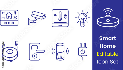 Smart home IoT line icons, security camera, thermostat, smart light, wifi lock, voice assistant, minimal outline, white background vector.