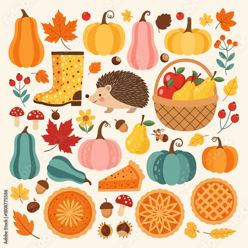 Autumn harvest illustration with pumpkins, fruits, vegetables, and fall decorations on