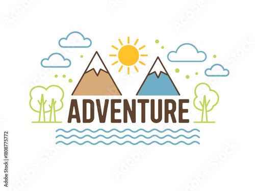 An adventurous design featuring mountains, trees, clouds, and a bright sun, creating a cheerful and inviting atmosphere suitable for outdoor-themed projects.