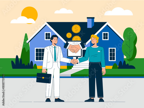 This professional illustration captures two businessmen shaking hands over a real estate deal, showcasing a modern home and a sense of success in business transactions.