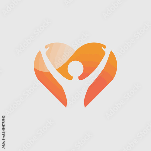 A minimalistic design portraying a stylized human figure raising arms in joy surrounded by a heart shape, symbolizing health, positivity, and well-being.