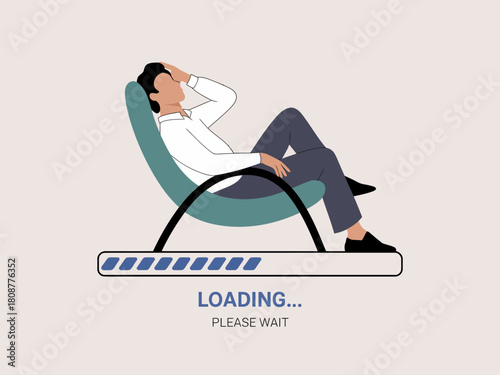 This image illustrates a person reclining in a chair, symbolizing a state of waiting or loading while the background represents a loading bar in progress.