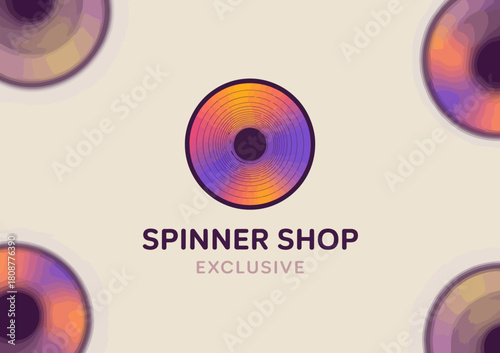 This image presents a unique logo design for a spinner shop, featuring vibrant colors and concentric circles, symbolizing creativity and exclusivity.
