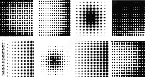 Halftone dot pattern panel set, black gradient textures, retro printing effect, graphic design elements, visual tone simulation