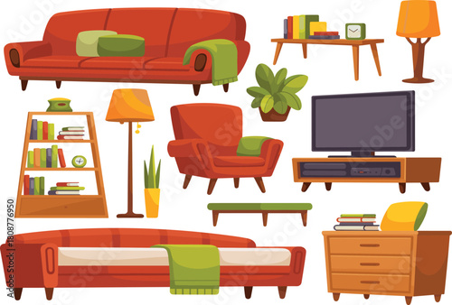 Home furniture and decor illustration set, cozy interior elements, stylish room accessories, modern living space vector collection