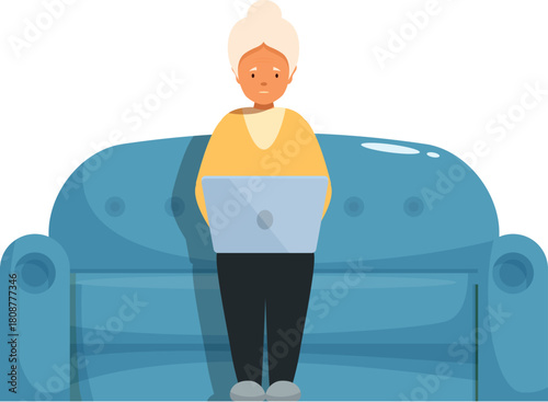 Senior woman working from home, standing and using laptop in front of blue sofa, enjoying modern technology and staying connected
