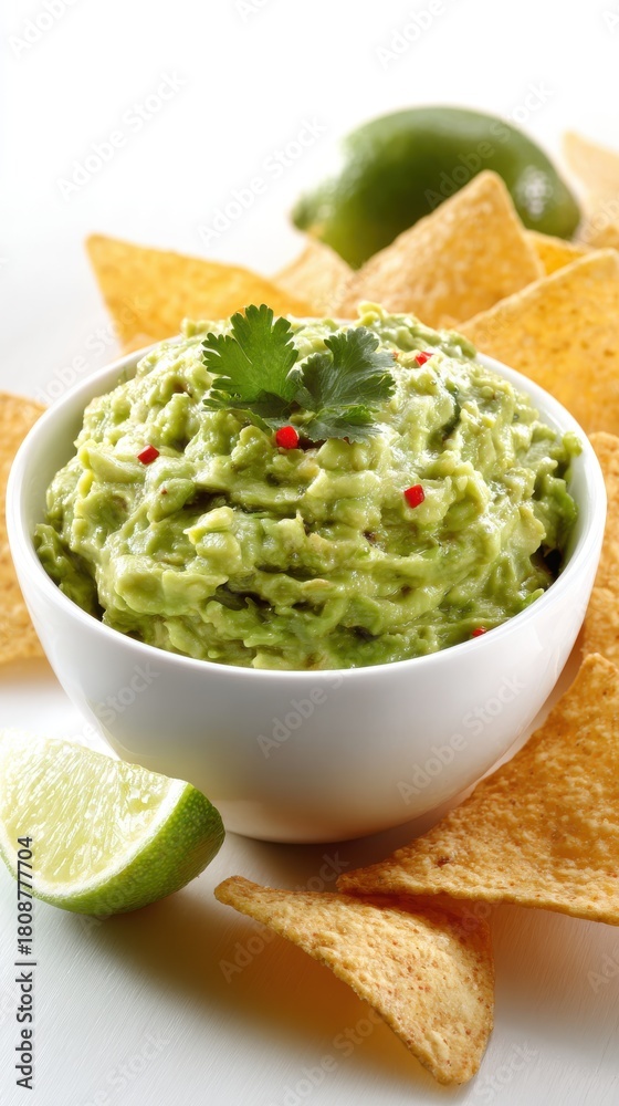 Obraz premium Fresh Green Guacamole Dip With Tortilla Chips And Lime Slices On White Surface Studio Shot